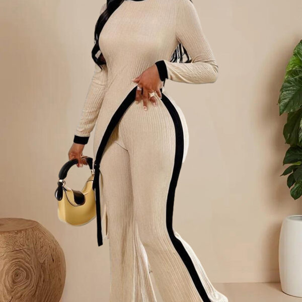 Women's  Elegant Round-neck Two-piece Long-sleeved Pants With Decorative Edges For Spring & Fall - Image 8