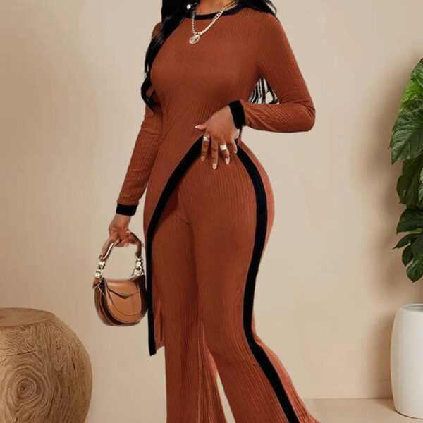 Women's  Elegant Round-neck Two-piece Long-sleeved Pants With Decorative Edges For Spring & Fall - Image 5