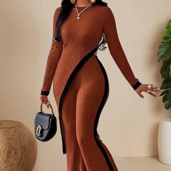 Women's  Elegant Round-neck Two-piece Long-sleeved Pants With Decorative Edges For Spring & Fall - Image 9