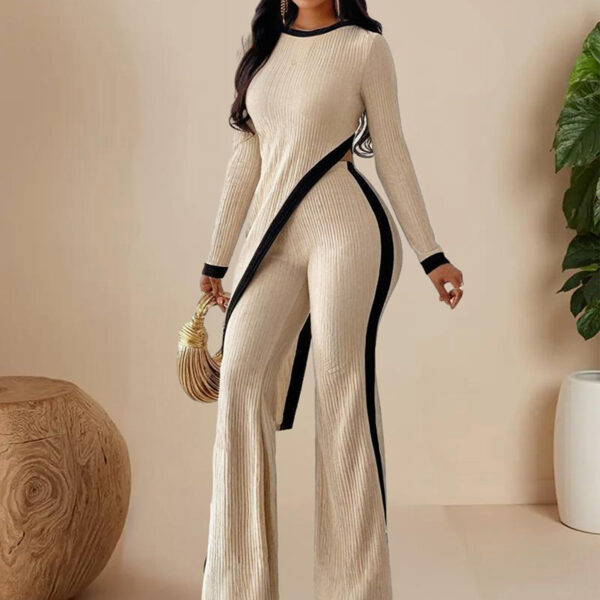 Women's  Elegant Round-neck Two-piece Long-sleeved Pants With Decorative Edges For Spring & Fall - Image 7