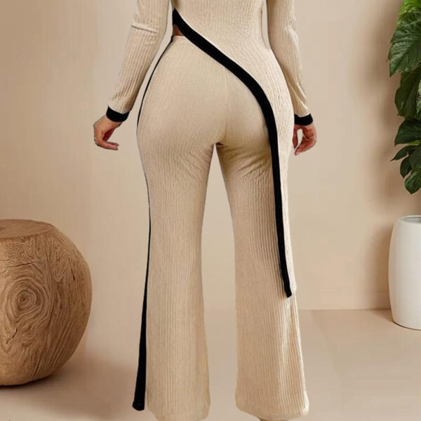 Women's  Elegant Round-neck Two-piece Long-sleeved Pants With Decorative Edges For Spring & Fall - Image 3