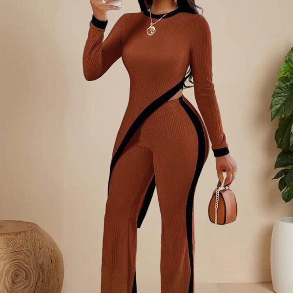 Women's  Elegant Round-neck Two-piece Long-sleeved Pants With Decorative Edges For Spring & Fall - Image 4
